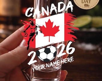 Personalized Canada Soccer Shot Glass 2026 | Custom Name Tequila Shot | Canadian Flag Football Watch Party Favors
