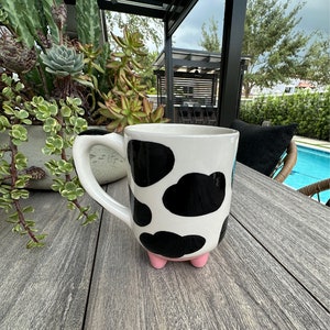 Pair Cow Coffee Mugs Hand Painted Black White 3D 20 oz Cute Flower Cow Cup  Set-2