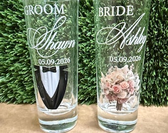 Bride Groom Shot Glasses Personalized, Wedding Shot Glass Set, Custom Names Date Glass, Bridal Party Gift, Wedding Favor Glasses