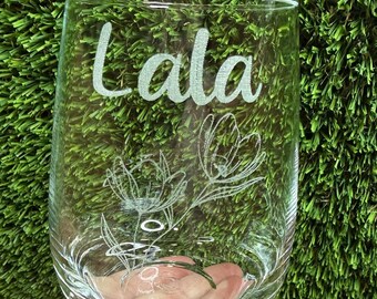 Personalized Stemless Wine Glass, Engraved Custom Name, Flowers Birthday Glass