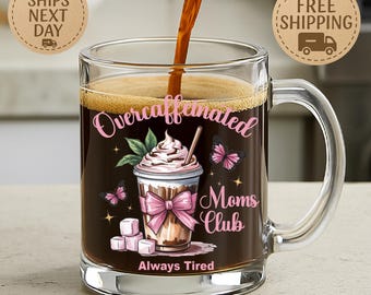 Funny Mom Coffee Mug, Overcaffeinated Moms Club Mug, Cute Mom Gift, Coffee Lover Gift, Pink Bow Mug, Gift For Mom