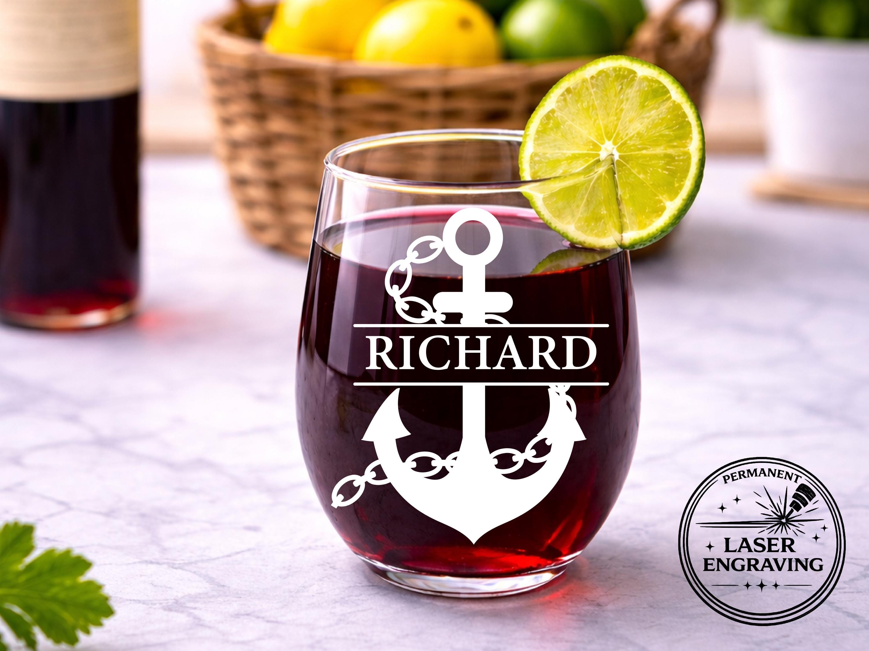 Personalized Anchor Wine Glass – Custom Nautical Name Engraved