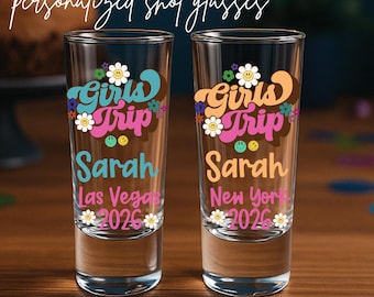 Girls Trip Shot Glasses, Custom Vacation Party Glass, Personalized Name City Year Glass, Bachelorette Weekend Favor