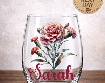 Personalized Birth Flower Wine Glass | Custom Name Birth Month Flower Gift | Glass for Mom, Birthday Gift for Her