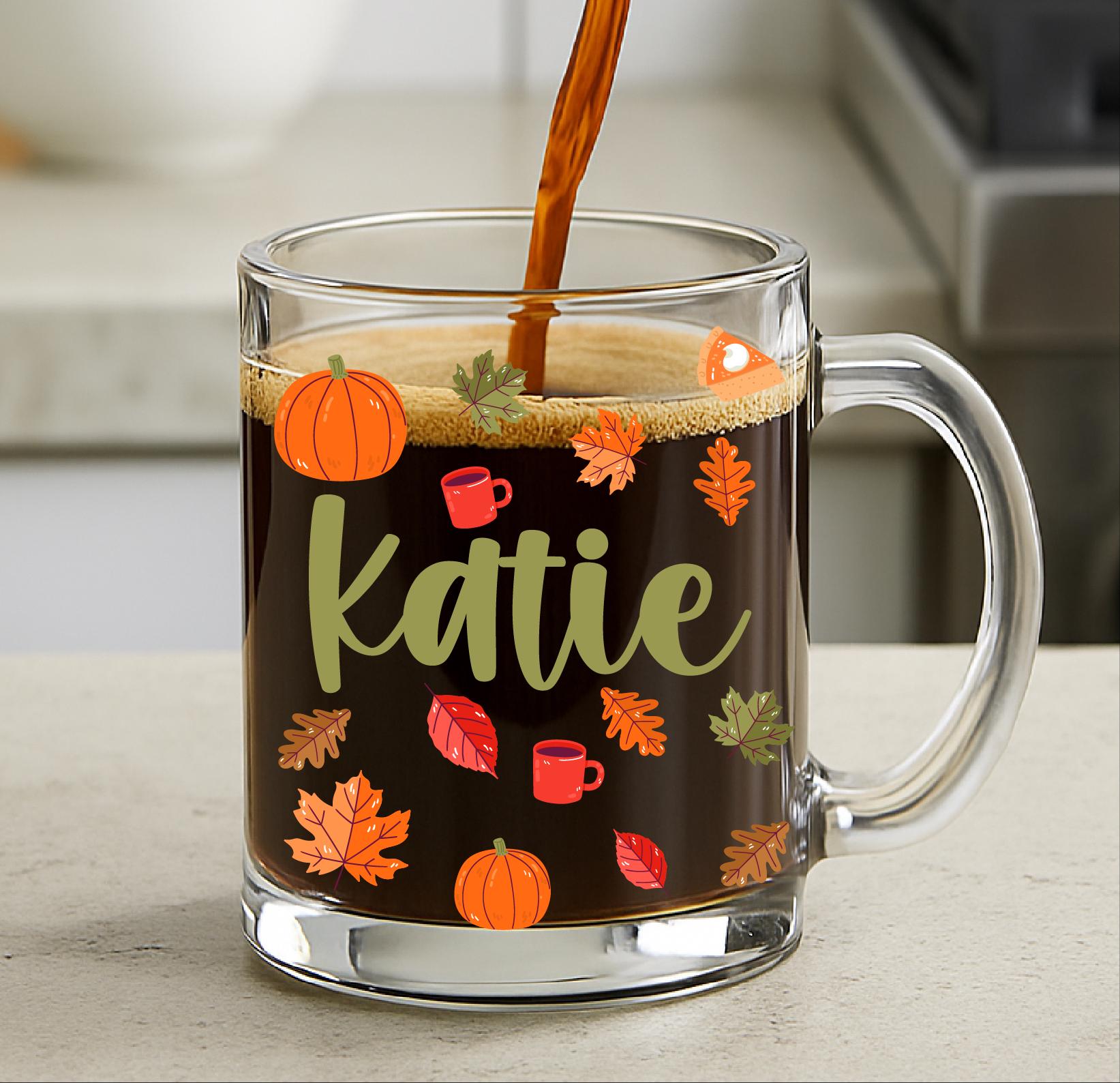 Custom Autumn Glass Mug with Name – Personalized Fall Coffee Cup with Pumpkins & Leaves – Cozy Thanksgiving Gift, Seasonal Funny Drinkware