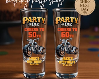 50th Biker Birthday Shot Glasses Personalized – Motorcycle Theme Party Favors for Men, Custom 60th Decor