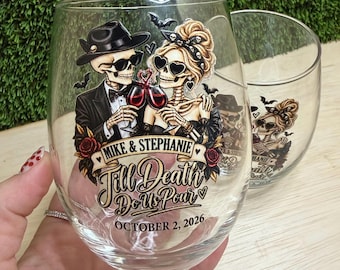 Personalized Halloween Wine Glass, Skeleton Couple Stemless Glass, Till Death Do Us Pour, Spooky Couple Gift, Gothic Wedding Gift