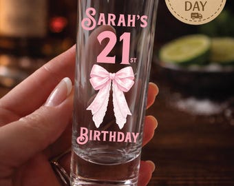 21st Birthday Shot Glass for Her, Personalized Name Birthday Shot, Pink Bow Birthday Party Favor, Custom Tequila Shot