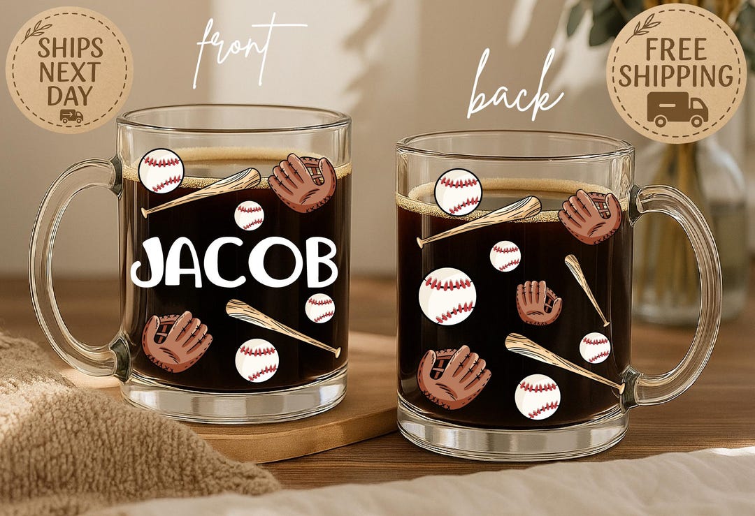 Baseball Glass Coffee Mug With Name – Custom Sports Cup for Player ...