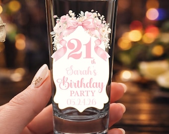 21st Birthday Party Shot Glass, Personalized Birthday Favor, Custom Name Pink Bow Glass, Girls Party Shot Glass