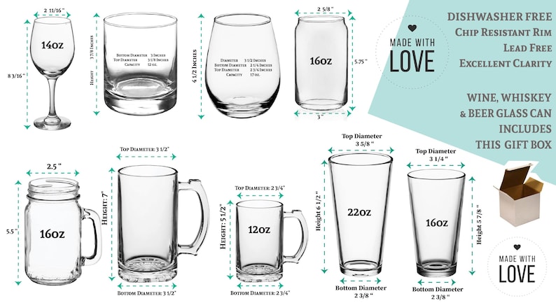 May include: A collection of clear glass drinkware, including a wine glass, tumbler, stemless wine glass, can-shaped glass, mason jar, beer mug, and pint glasses. Measurements in inches and ounces are displayed.