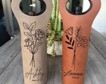 Birth Flower Wine Bag, Engraved Wine Bag, Custom Wine Bag, Leather Wine Bag, Housewarming, Anniversary, Baby Shower Personalized Wine Bag
