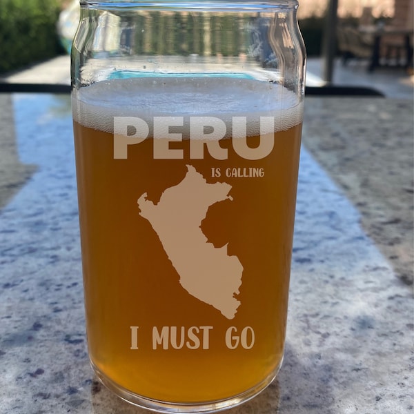 Peru Beer Glass, Engraved Glass 16oz, Custom Peruvian Gifts