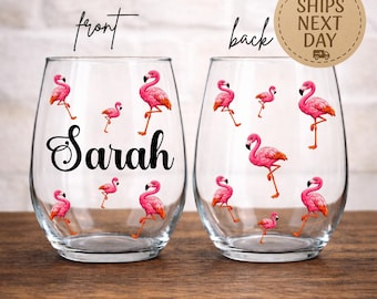 Personalized Flamingo Wine Glass – Custom Name Stemless Glass for Bachelorette Party, Beach Girls Trip, Summer Birthday Gift