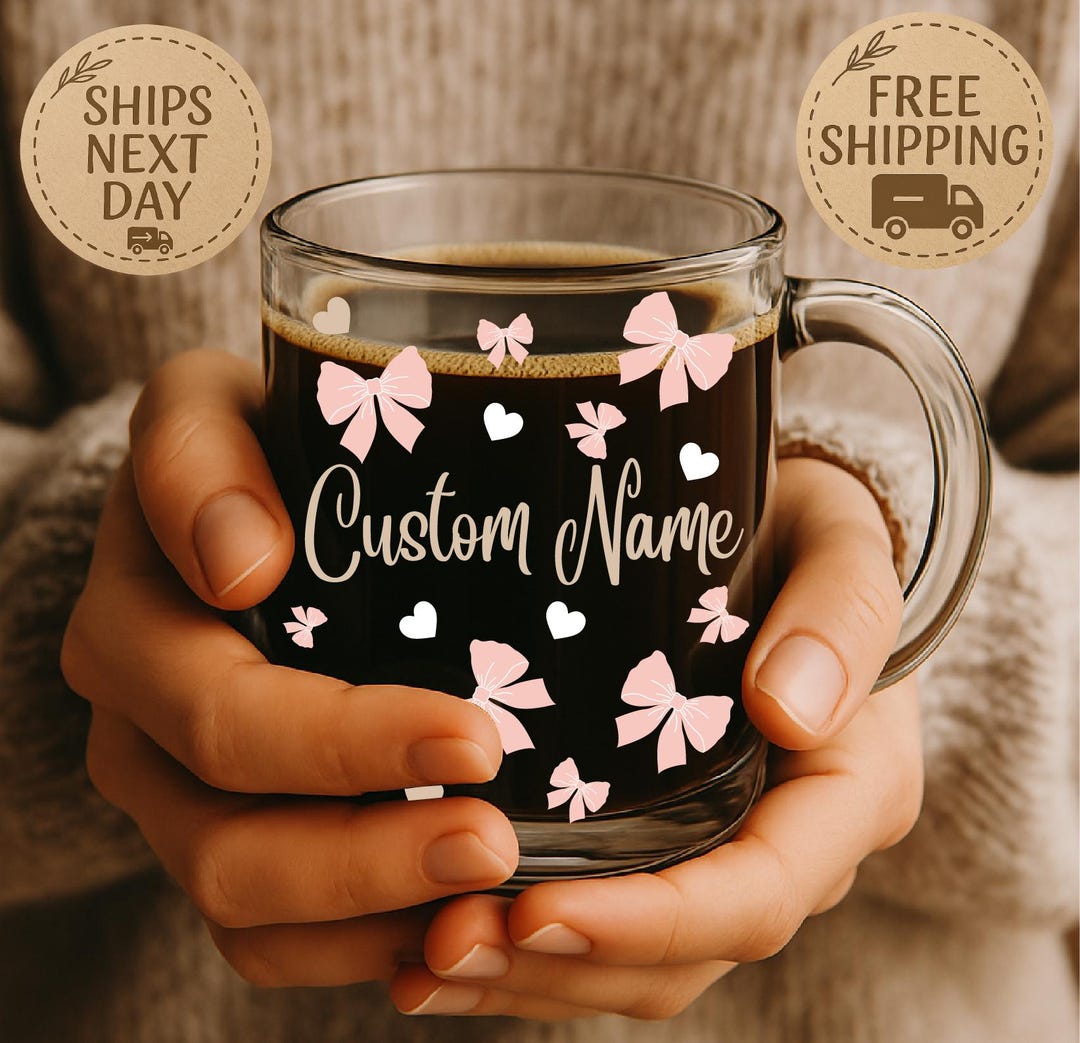 Custom Name Glass Mug With Pink Bows & Hearts – Personalized Coffee or ...