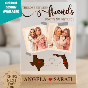 Forever Friends Picture Plaque, Long Distance Friends Acrylic Frame with Photos, Personalized Friendship Gift, Custom State Map Portrait