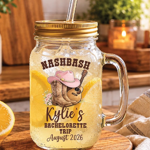 Nashville Bachelorette Mason Jar, Personalized Girls Trip Cup, Western Party Mug, Bride Squad Favor, Bridal Shower Custom Glasses