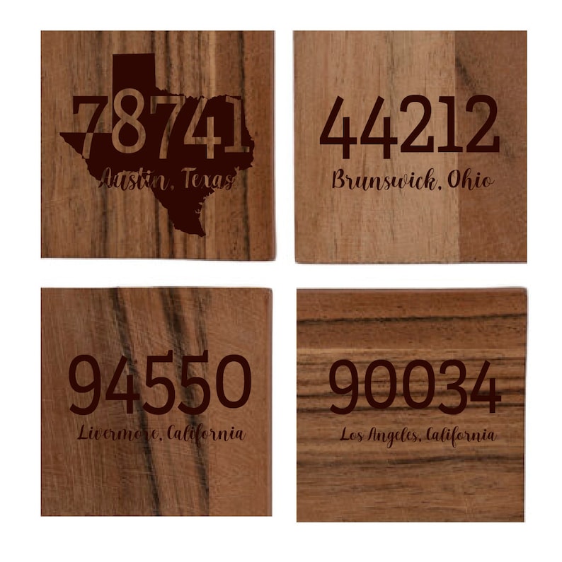 May include: Four wooden coasters with dark brown text. Each coaster features a different zip code and city: 78741 Austin, Texas; 44212 Brunswick, Ohio; 94550 Livermore, California; and 90034 Los Angeles, California.
