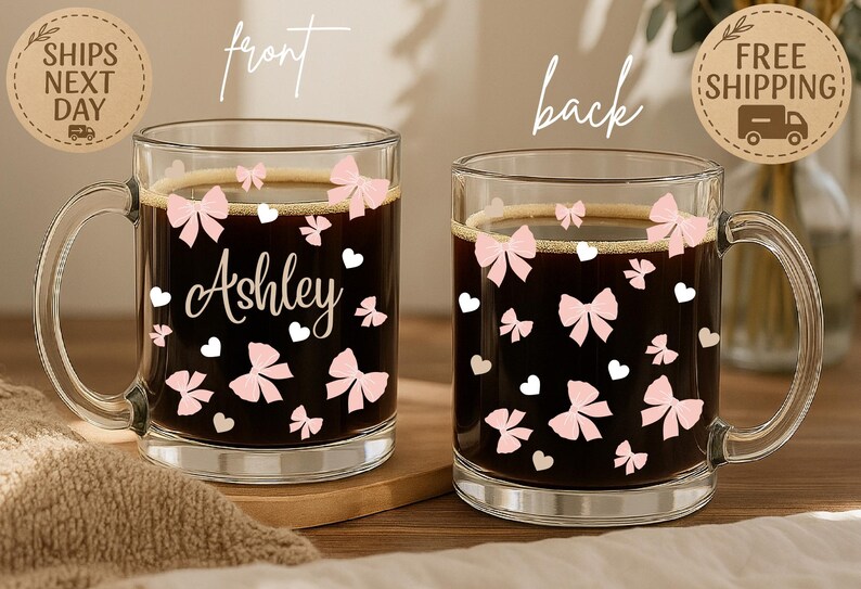 Custom Name Glass Mug With Pink Bows & Hearts – Personalized Coffee or ...
