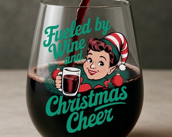 Verre à vin de Noël amusant - Alimenté par le vin et la joie de Noël, cadeau rétro pour amateur de vin, verre à vin des fêtes sans pied