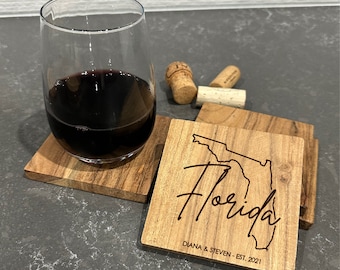 Engraved Coasters, Personalized Coasters Custom, Wood Coasters, Coasters for Drinks, Engraved Wood Coasters, Custom State Map Coasters