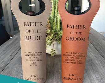 Father Of The Bride Personalized Wine Bottle Leather Bag, Custom Wedding Leather Wine Tote | Father Of The Groom Wedding Gift