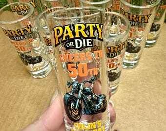 50th Biker Birthday Shot Glasses Personalized – Motorcycle Theme Party Favors for Men, Custom 60th Decor