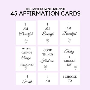 Baralho de cartas de afirmação positiva, kit de manifestação, imprimíveis de quadro de visão, cartões para a lei da atração, digitais, imprimíveis de autocuidado,