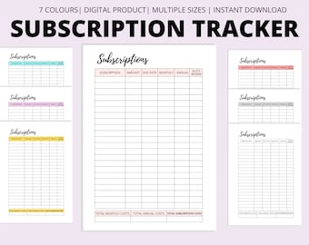 Subscription Tracker, Membership Tracking, Monthly Subscription Checklist, Expense Planner, Account Tracker, A4 and US Letter PDF Template