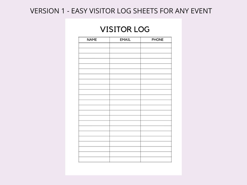 Minimalist Visitor Log Sheet, 4 Email Visitor Log Forms, PRINTABLE