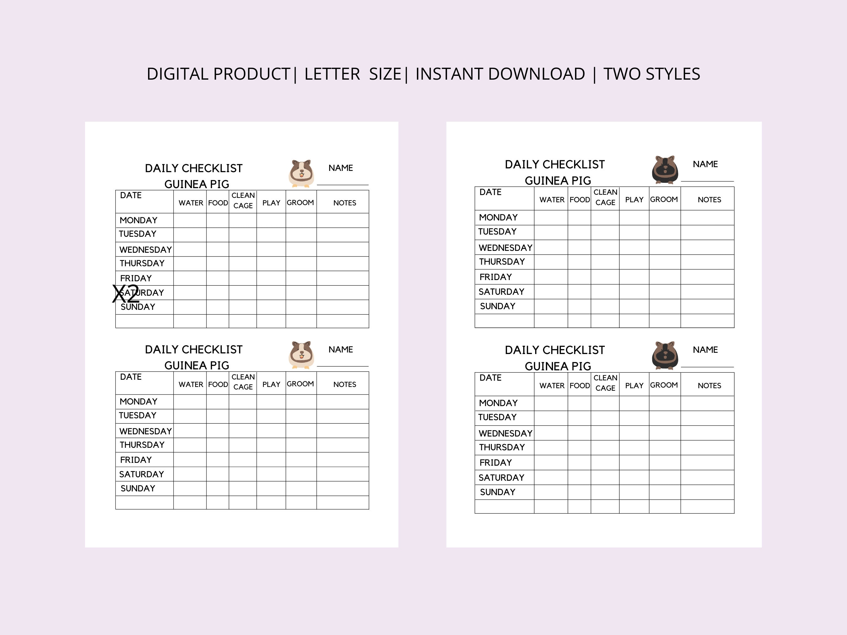 Guinea Pig Daily Checklist, Care Planner, Diet Tracker, Guinea Pig