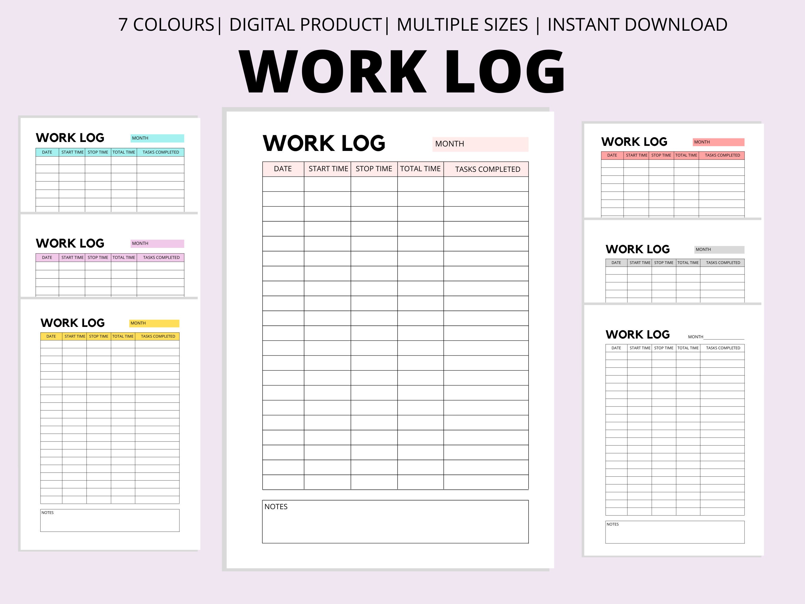 Work Log Printable Time Spent Tracker Time Log Working Hours Work 