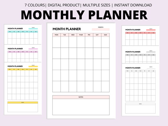 Monthly Planner Printable Digital Download Blank Calendar | Etsy