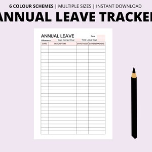 Annual Leave Tracker Printable, Holiday Tracker, Time  off Log,  Vacation, Planner Inserts, Printable Planner, Annual Leave Log