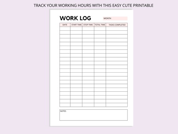 Work Log Printable, Time Spent Tracker, Time Log, Working