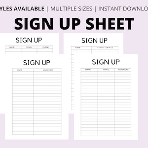 Minimalist Sign Up Sheet, 4 Email Sign Up Forms, PRINTABLE Sign Up, Event Sign Up, Sign In Sheet, A4 PDF, Instant Download