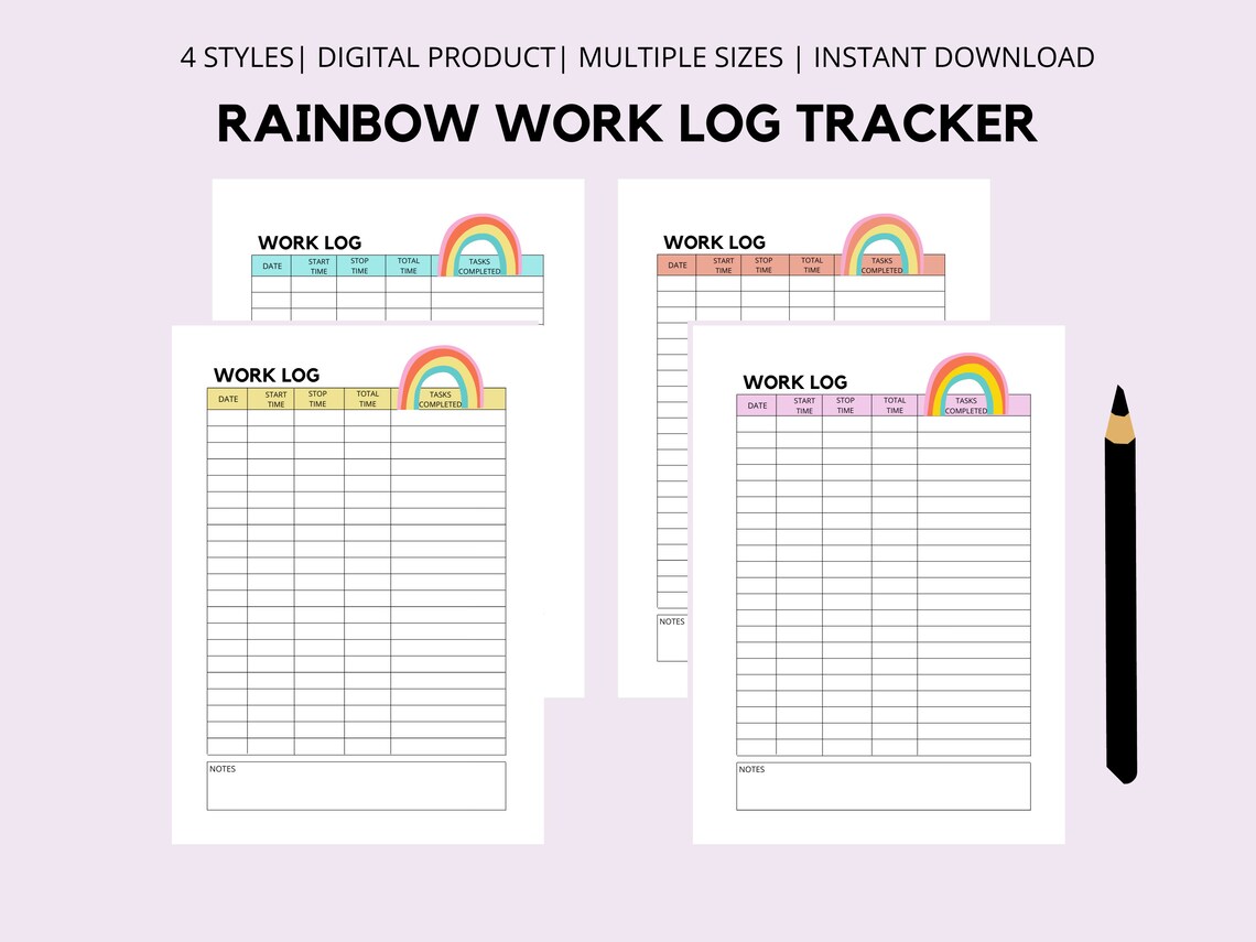 Rainbow Work Log Printable, Time Spent Tracker, Time Log, Working Hours ...