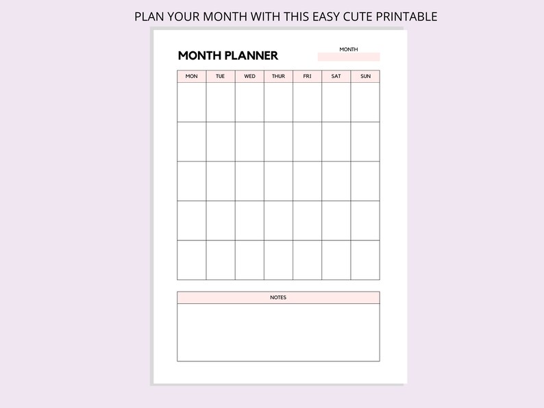 Monthly Planner, Printable Digital Download Blank Calendar, Minimalist ...
