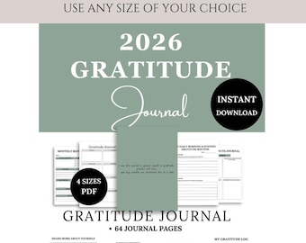 May include: A digital gratitude journal for 2026, available in four sizes: A4, A5, US Letter, and Classic Happy. The journal includes 64 pages with sections for monthly reflections, daily routines, and weekly reviews. It is an instant download.