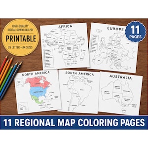 Peut inclure: Un ensemble de 11 pages de coloriage de cartes régionales présentant les contours de l'Afrique, de l'Europe, de l'Amérique du Nord, de l'Amérique du Sud et de l'Australie. La carte de l'Amérique du Nord est partiellement coloriée.