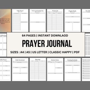 Puede incluir: Un diario de oración digital con plantillas para la oración diaria, reflexiones y gratitud. El diario incluye 64 páginas y está disponible en tamaños A4, A5, US Letter y Classic Happy. El texto dice "PRAYER JOURNAL".