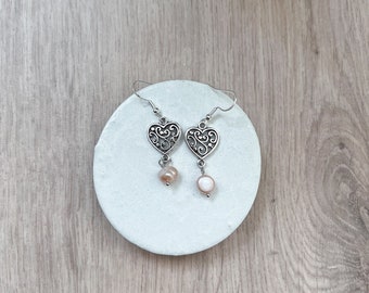 ICY drop earrings heart with freshwater pearls | 925 silver heart earrings | handmade heart stud earrings