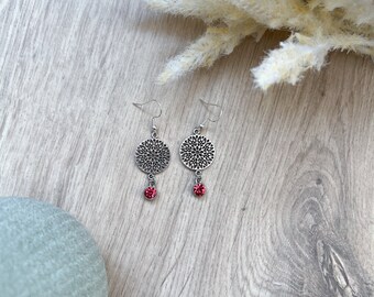 Hangende oorbellen mandala 925 zilver | Handgemaakte oorbellen met roze stenen | Boho-oorbellen