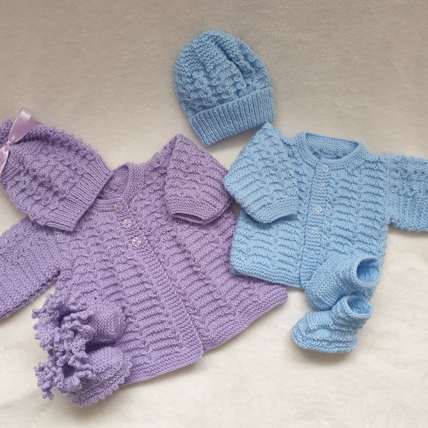 Baby Knitting Pattern SR033  ** Matinee or Cardigan 3 pce Set ** Boy or Girl ** 3 sizes 14, 16 & 18 inch chest