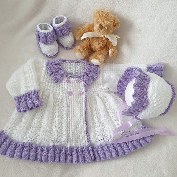Baby Knitting Pattern SR027 * Double Breasted Matinee Jacket * Bonnet * Bootees * 3 sizes * Small Newborn * 0-3 Months * 3-6 Months *