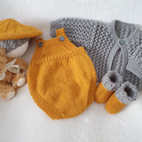 Modèle de tricot SR013 * Ensemble bébé DK * Cardigan, barboteuse, chapeau et chaussons * 3 tailles * Bébé prématuré à 3 mois * Poupée Reborn 16-22 pouces * Garçon/Fille