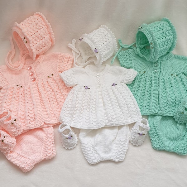 Knitting Pattern SR034 * Spring Matinee Set * 4 Piece Set * 3 sizes * Newborn to 6+ Mths * 12, 14, 16 inch chest