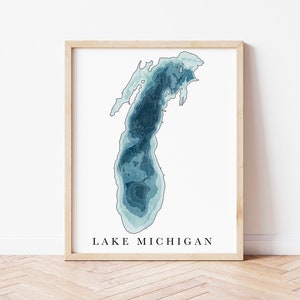 Lake Michigan Bathymetry, Lake Michigan Watercolor print, Great Lakes Wall Art, Lake Michigan Topo, Great Lakes Printable