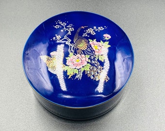 Cobalt Blue Porcelain Round Trinket Box, Boudoir Décor, Peacock & Flower , Hand Painted Gold Gild, Japanese Kutani Jewelry Box