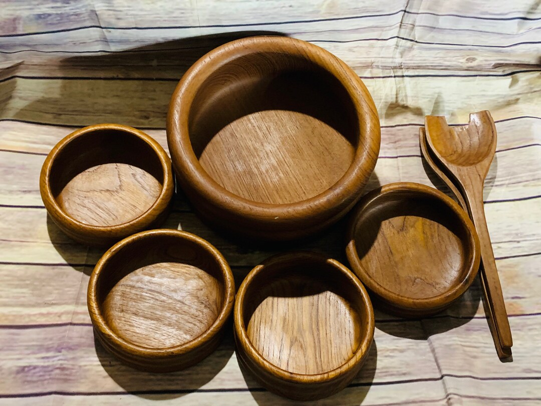 1970s Kalmar Teak Wood Salad Bowl Set Wooden Teak Bowls Etsy